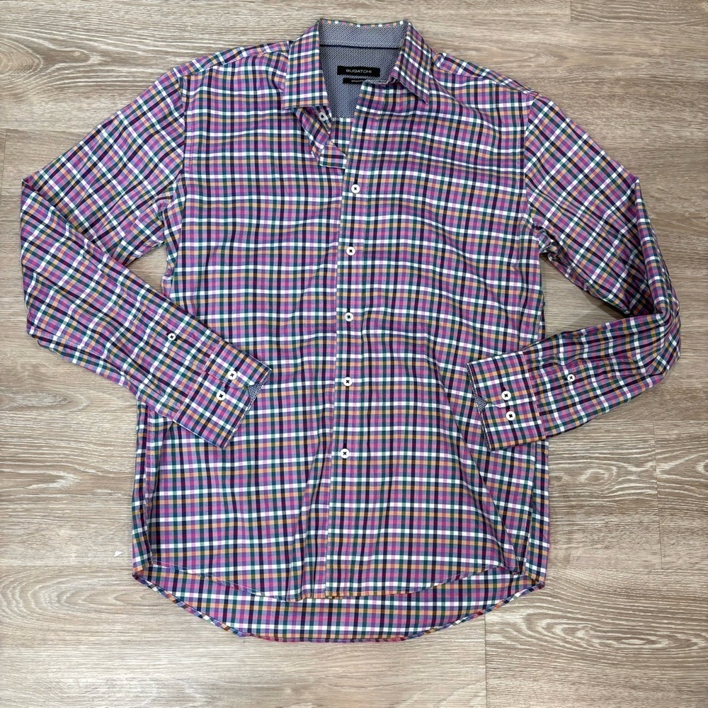 BUGATCHI Shaped Fit Lightweight Cotton Colorful Plaid Shirt M
